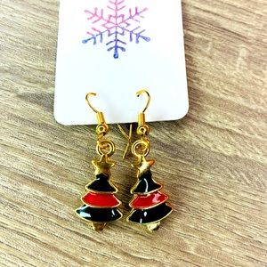 Gold tone Enamel Red and Green Christmas Tree Boutique Earrings